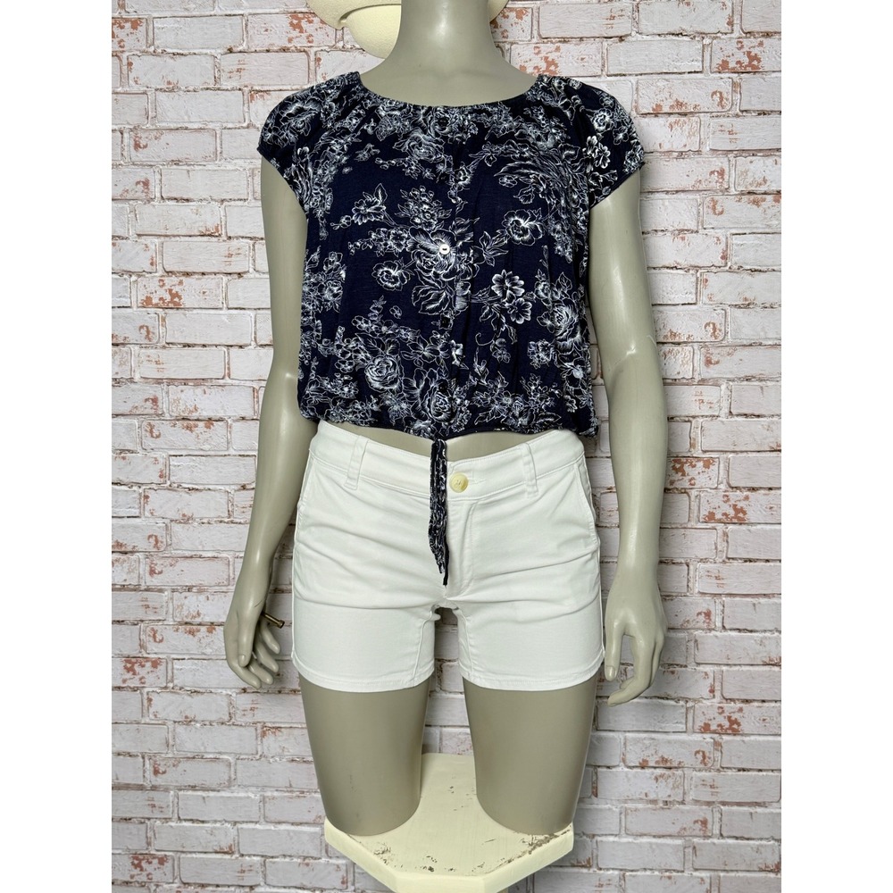 Lavish Women Navy Blue White Floral Tie Front Crop Top Blouse Size L